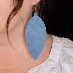 Large Blue Leather Leaf Earrings | Genuine Leather | Lightweight Statement